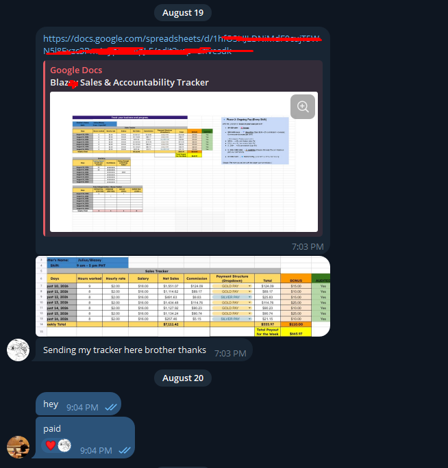 Weekly payout: tracked, bonus included, paid